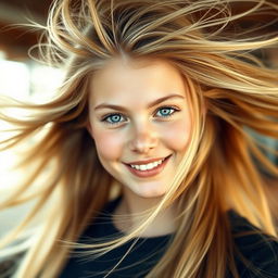 A stunning portrait of a teenage model with exceptionally long, flowing blonde hair, captured mid-motion as her hair flies dramatically in the air