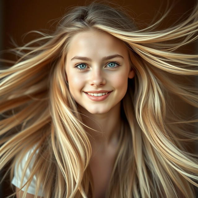 A stunning portrait of a teenage model with exceptionally long, flowing blonde hair, captured mid-motion as her hair flies dramatically in the air