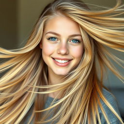 A stunning portrait of a teenage model with exceptionally long, flowing blonde hair, captured mid-motion as her hair flies dramatically in the air
