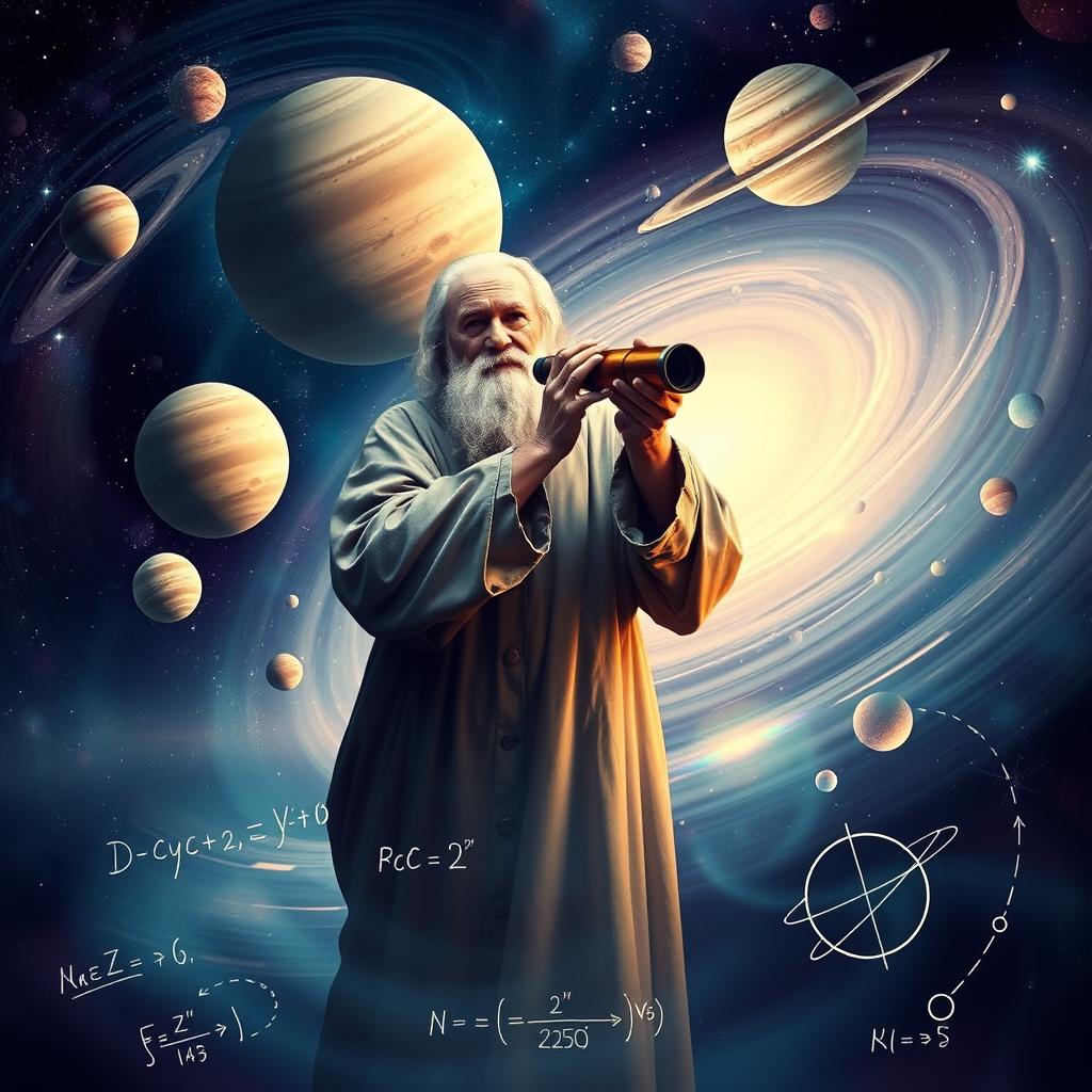 A striking image illustrating the concept of inertia in physics, depicting an ethereal representation of Galileo Galilei surrounded by celestial bodies and abstract representations of motion