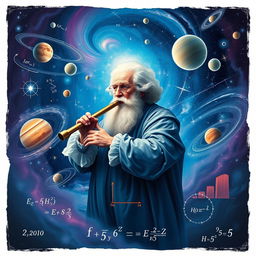 A striking image illustrating the concept of inertia in physics, depicting an ethereal representation of Galileo Galilei surrounded by celestial bodies and abstract representations of motion