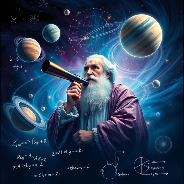 A striking image illustrating the concept of inertia in physics, depicting an ethereal representation of Galileo Galilei surrounded by celestial bodies and abstract representations of motion