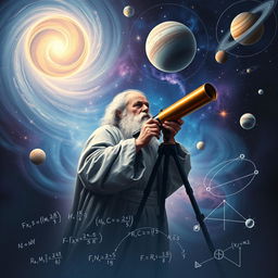 A striking image illustrating the concept of inertia in physics, depicting an ethereal representation of Galileo Galilei surrounded by celestial bodies and abstract representations of motion
