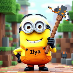 A cheerful minion character from the animated series, holding a pickaxe inspired by Minecraft