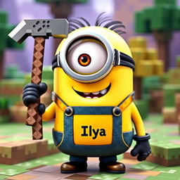 A cheerful minion character from the animated series, holding a pickaxe inspired by Minecraft