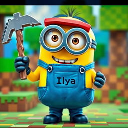 A cheerful minion character from the animated series, holding a pickaxe inspired by Minecraft
