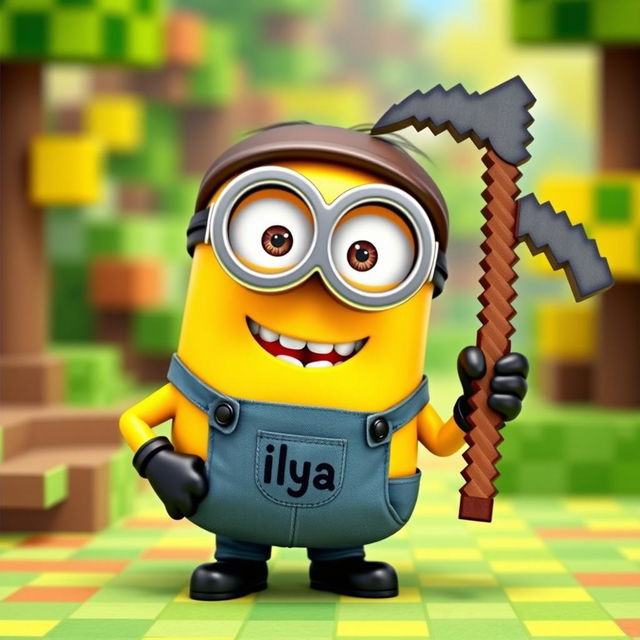 A cheerful minion character from the animated series, holding a pickaxe inspired by Minecraft