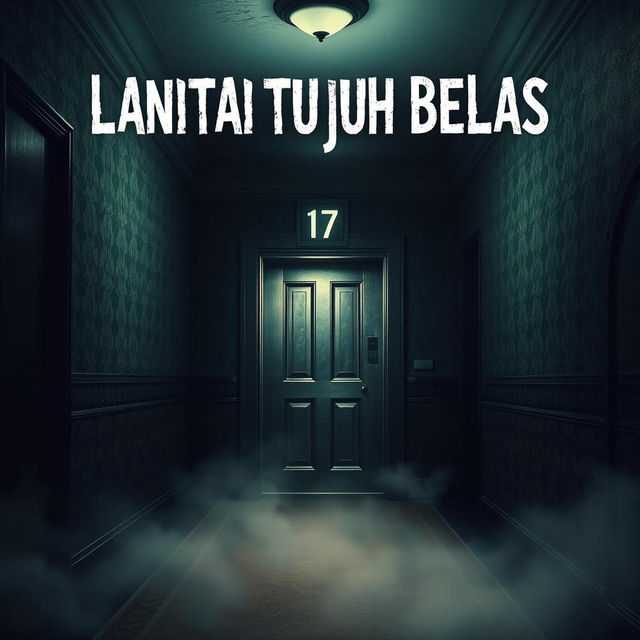 A haunting and atmospheric book cover for a horror novel titled 'Lantai Tujuh Belas'