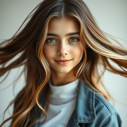 A striking portrait of a teenage model with exceptionally long, flowing hair, styled in soft waves