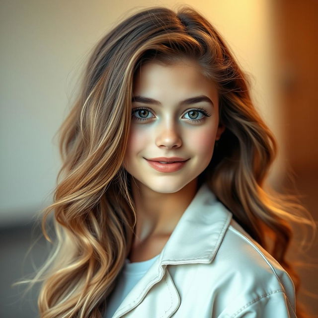 A striking portrait of a teenage model with exceptionally long, flowing hair, styled in soft waves