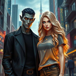 An urban fantasy couple standing in a vibrant city setting