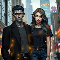 An urban fantasy couple standing in a vibrant city setting