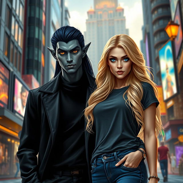 An urban fantasy couple standing in a vibrant city setting