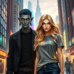 An urban fantasy couple standing in a vibrant city setting