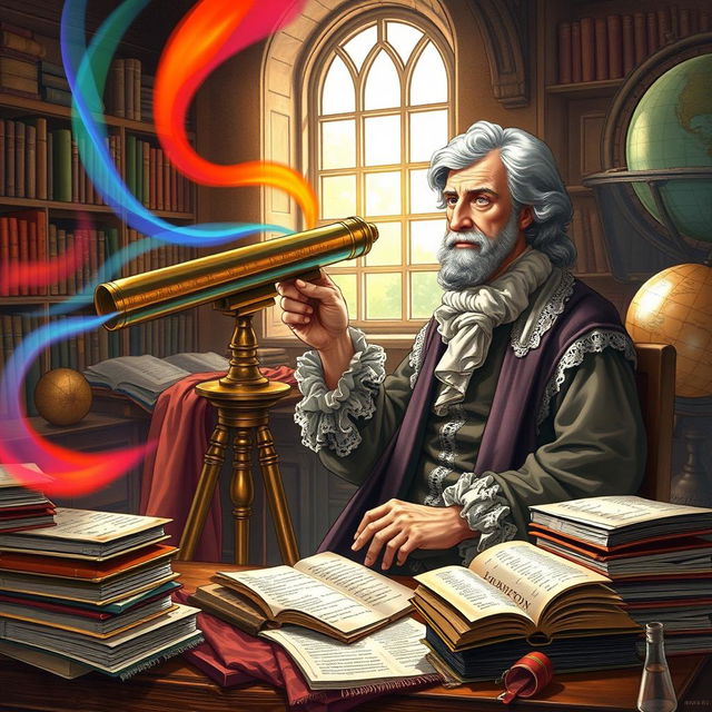 A detailed illustration of Sir Isaac Newton working on his first practical reflecting telescope