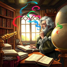A detailed illustration of Sir Isaac Newton working on his first practical reflecting telescope