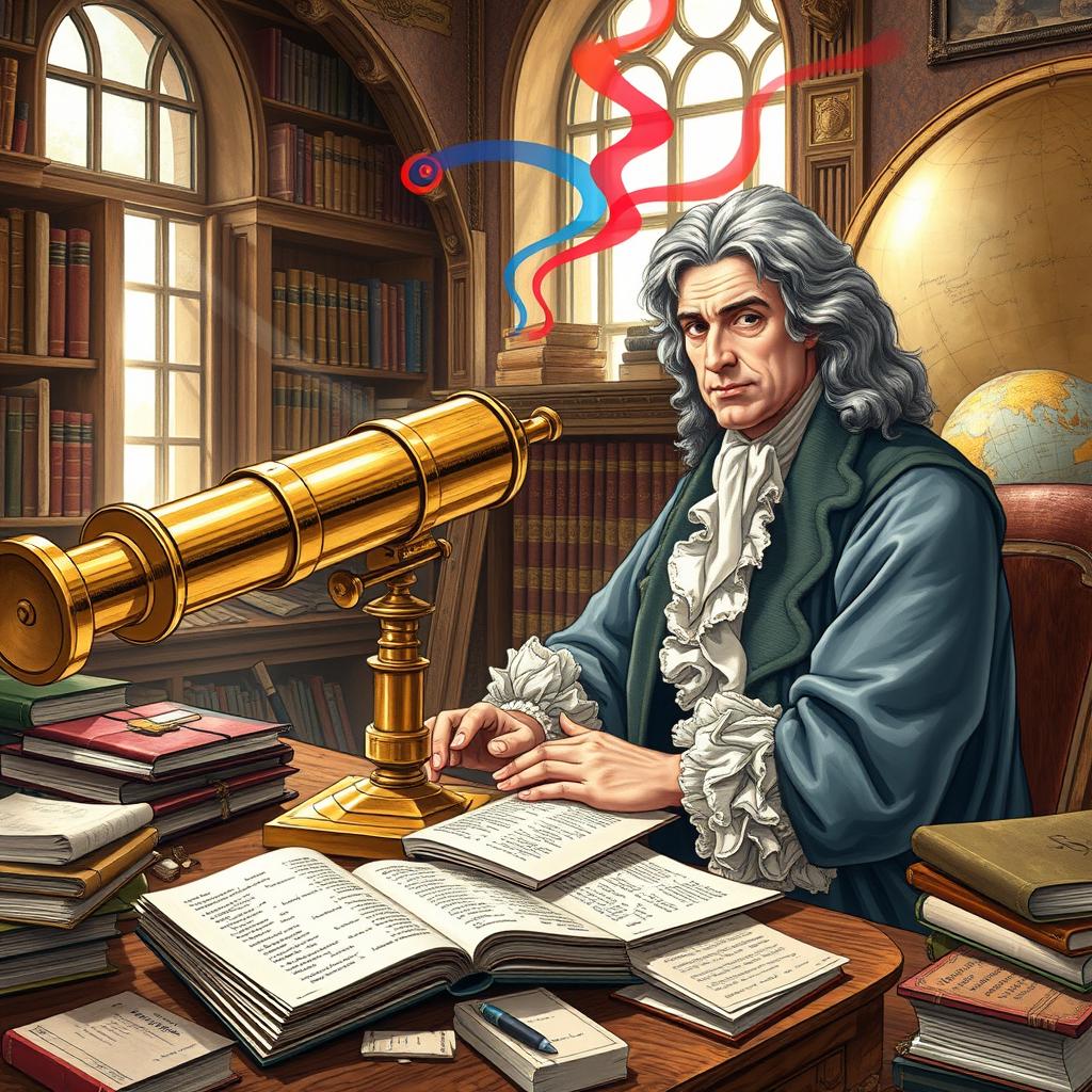 A detailed illustration of Sir Isaac Newton working on his first practical reflecting telescope