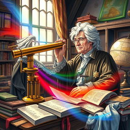 A detailed illustration of Sir Isaac Newton working on his first practical reflecting telescope