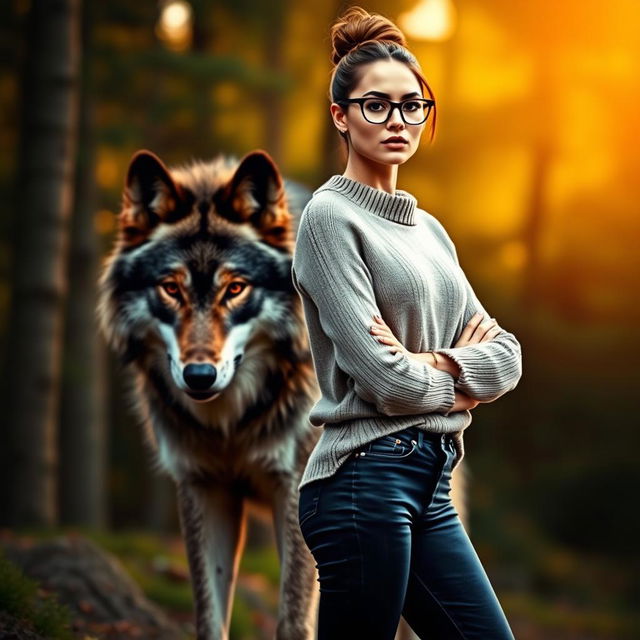 A stunning woman standing confidently with a fierce and majestic wolf positioned behind her