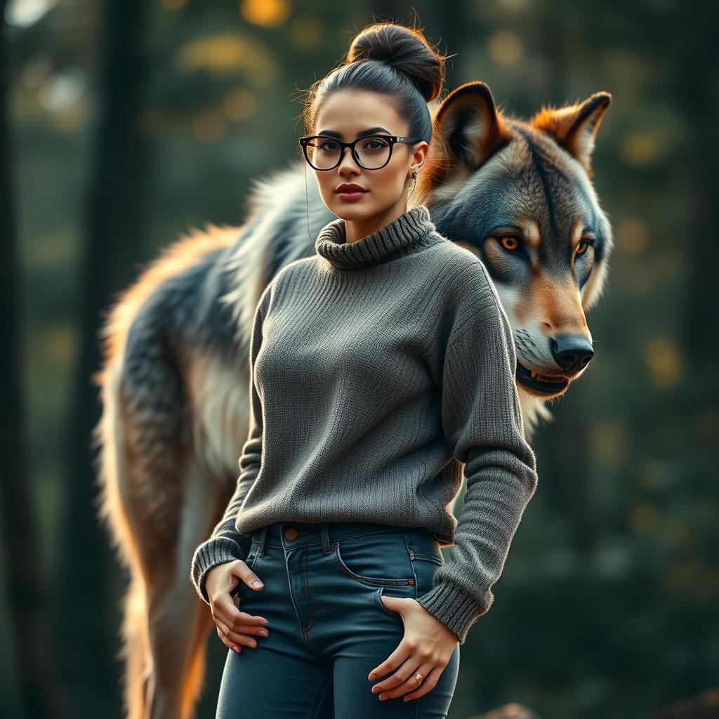 A stunning woman standing confidently with a fierce and majestic wolf positioned behind her