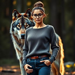A stunning woman standing confidently with a fierce and majestic wolf positioned behind her
