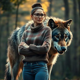 A stunning woman standing confidently with a fierce and majestic wolf positioned behind her