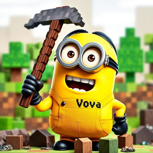 A minion character from Despicable Me holding a pickaxe inspired by Minecraft