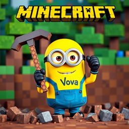 A minion character from Despicable Me holding a pickaxe inspired by Minecraft