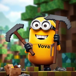 A minion character from Despicable Me holding a pickaxe inspired by Minecraft