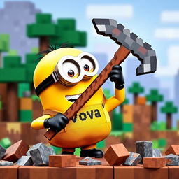 A minion character from Despicable Me holding a pickaxe inspired by Minecraft