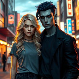 A stunning urban fantasy scene featuring a captivating couple