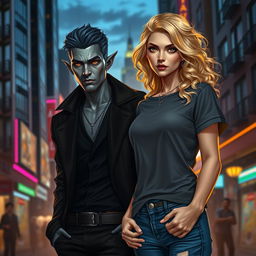 A stunning urban fantasy scene featuring a captivating couple