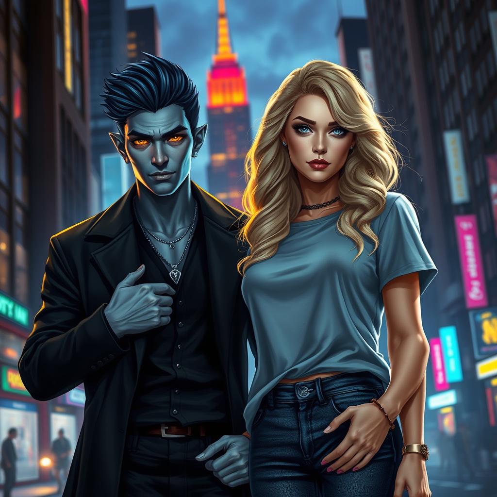 A stunning urban fantasy scene featuring a captivating couple