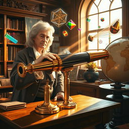 An artistic representation of Sir Isaac Newton in his study, focusing on the creation of his first practical reflecting telescope