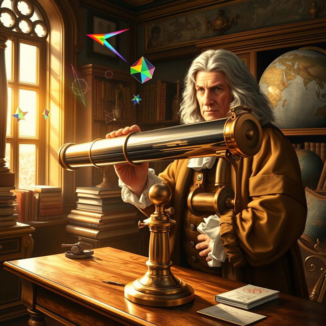 An artistic representation of Sir Isaac Newton in his study, focusing on the creation of his first practical reflecting telescope