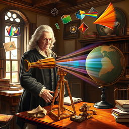 An artistic representation of Sir Isaac Newton in his study, focusing on the creation of his first practical reflecting telescope