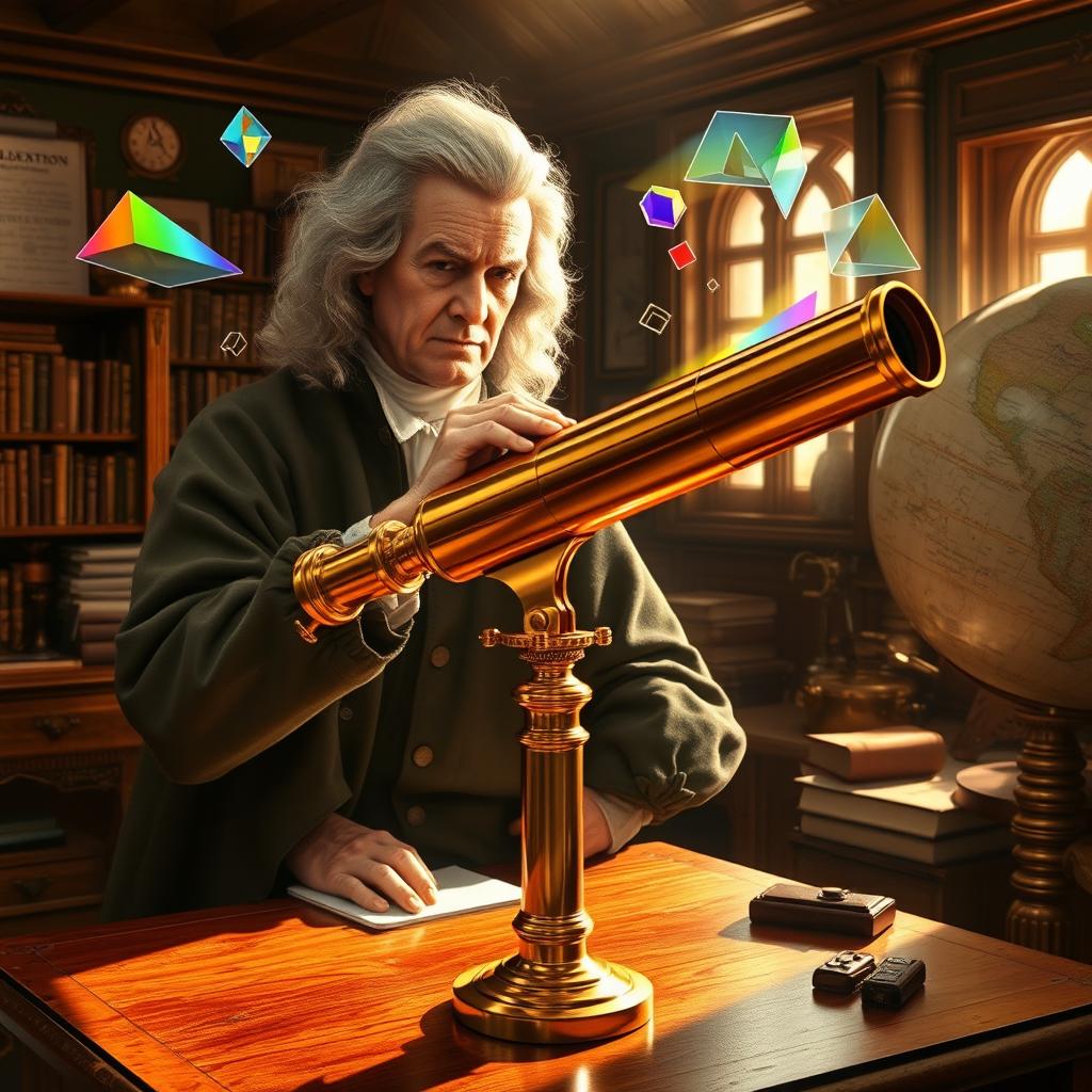 An artistic representation of Sir Isaac Newton in his study, focusing on the creation of his first practical reflecting telescope