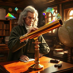 An artistic representation of Sir Isaac Newton in his study, focusing on the creation of his first practical reflecting telescope