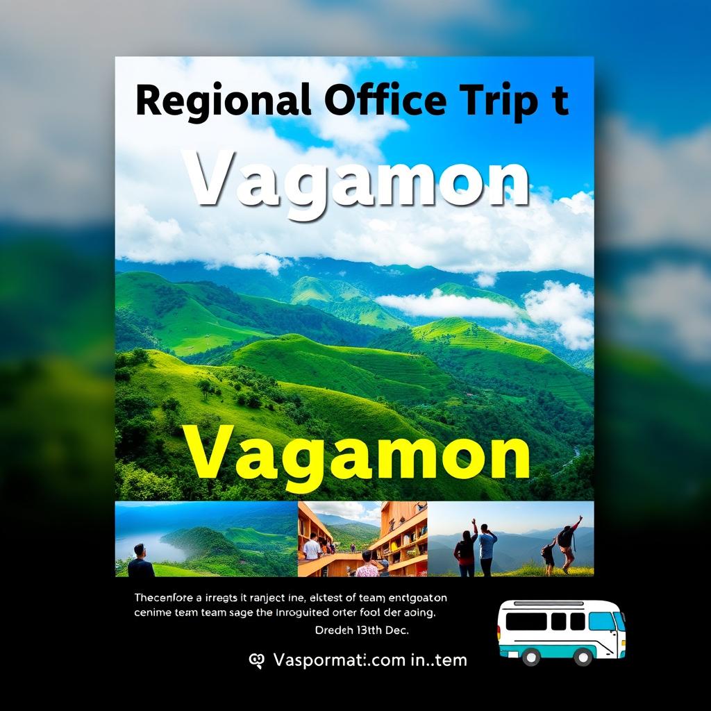 A vibrant and engaging poster design for a corporate trip to Vagamon, showcasing scenic landscapes with lush green hills, cloudy skies, and a serene atmosphere