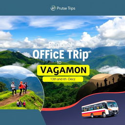 A vibrant and engaging poster design for a corporate trip to Vagamon, showcasing scenic landscapes with lush green hills, cloudy skies, and a serene atmosphere