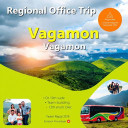 A vibrant and engaging poster design for a corporate trip to Vagamon, showcasing scenic landscapes with lush green hills, cloudy skies, and a serene atmosphere