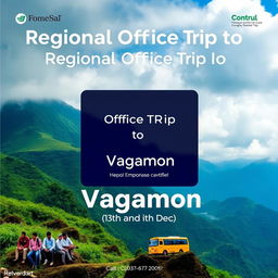 A vibrant and engaging poster design for a corporate trip to Vagamon, showcasing scenic landscapes with lush green hills, cloudy skies, and a serene atmosphere