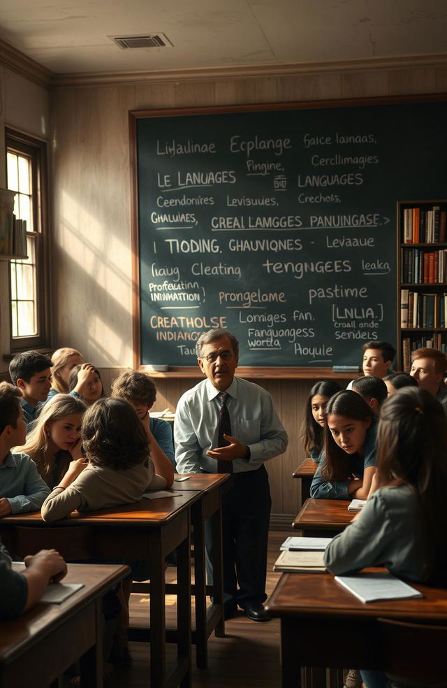 A poignant classroom scene depicting the theme of linguistic chauvinism