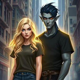 An urban fantasy couple standing in a vibrant cityscape