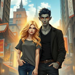 An urban fantasy couple standing in a vibrant cityscape