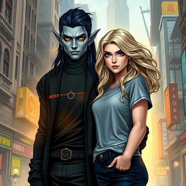 An urban fantasy couple standing in a vibrant cityscape