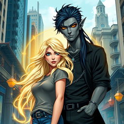 An urban fantasy couple standing in a vibrant cityscape