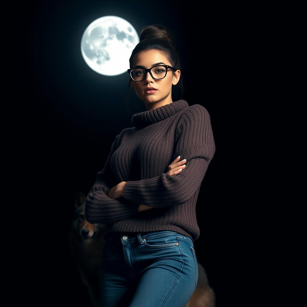 A striking woman standing confidently against a dark night sky, with a dynamic lighting creating dramatic shadows