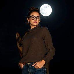 A striking woman standing confidently against a dark night sky, with a dynamic lighting creating dramatic shadows