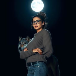 A striking woman standing confidently against a dark night sky, with a dynamic lighting creating dramatic shadows